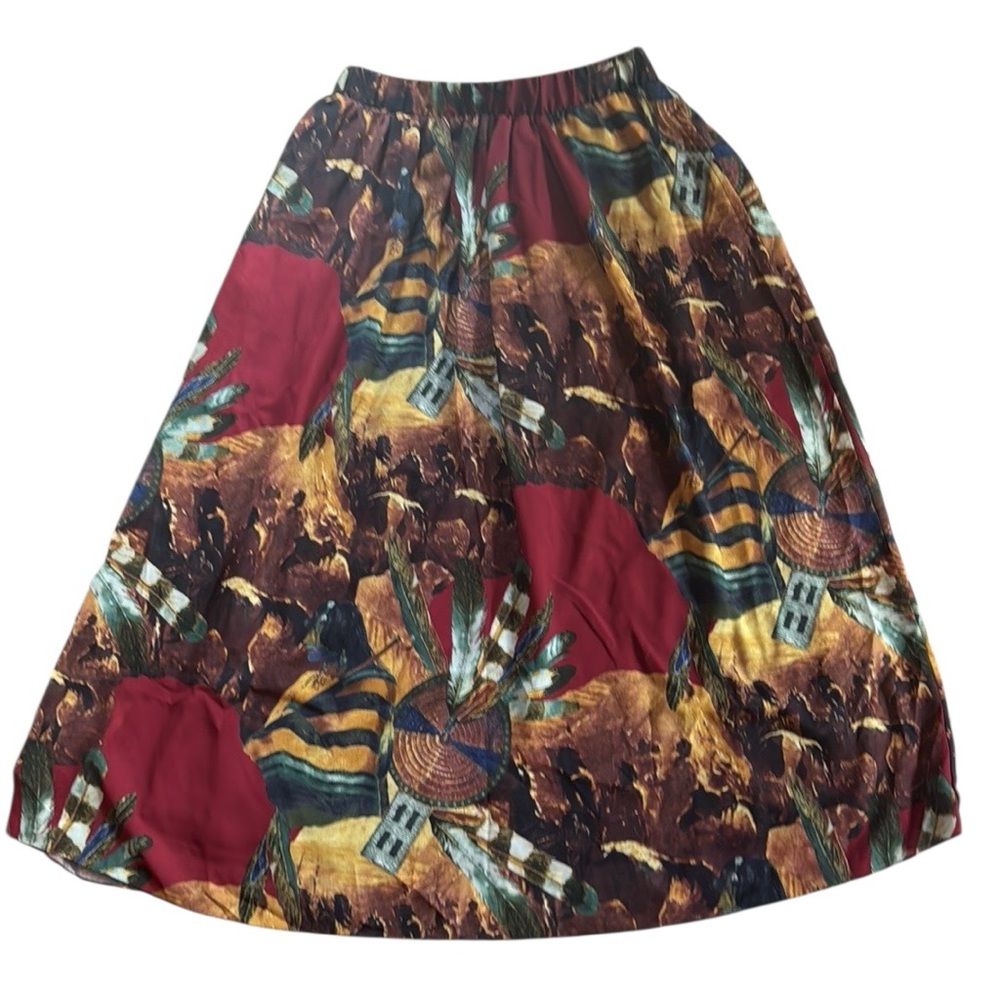 1980s Pierre Cardin Native American Print Midi Skirt w/Hip‎ Pockets